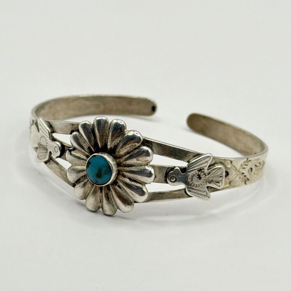 925 Sterling Silver Children’s Turquoise Cuff Bracelet With Peyote Bird Design
